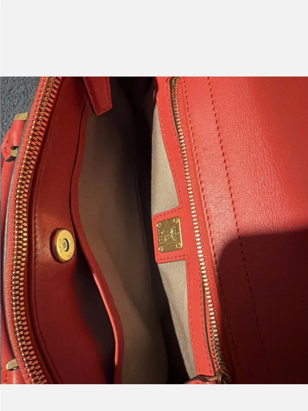 MCM Red Leather Top-Handle Satchel with Gold Hardware